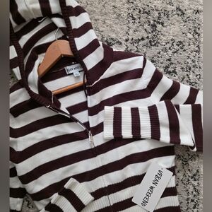 Preppy Striped Hooded Zip Cardigan Cropped Womens L Urband Weekend NWT Brown